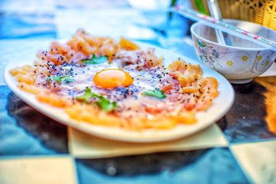 Close-up of breakfast served on table