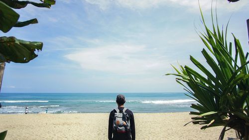 Rear view of man standing on beach against sky