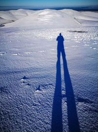 Shadow of person on snow covered land