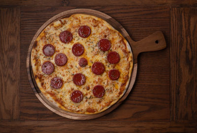 High angle view of pizza on table