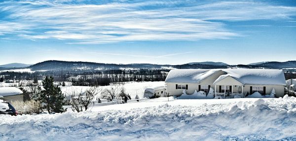 Scenic view of snow covered mountains against sky