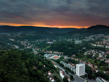 High angle view of townscape against sky during sunset