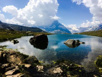 Scenic view of lake and mountains against sky