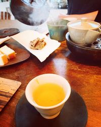 High angle view of tea served on table