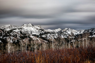 Scenic view of snowcapped mountains against sky