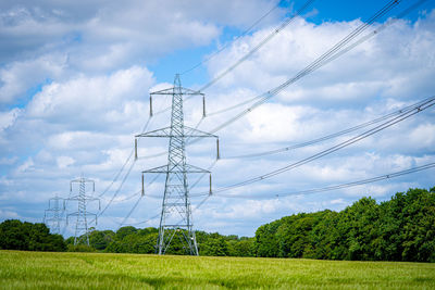 Ylon power electricity electrical distribution cable across field with blue sky and white clouds