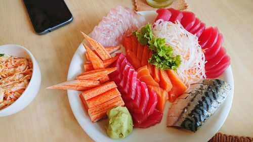 High angle view of sushi in plate on table