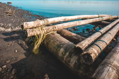 High angle view of rusty pipes on sea