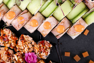 High angle view of food on barbecue grill