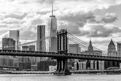 View of suspension bridge against cloudy sky