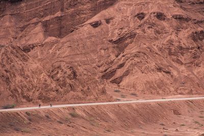 High angle view of road against rock formations