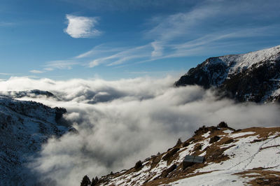 Scenic view of mountains against cloudy sky