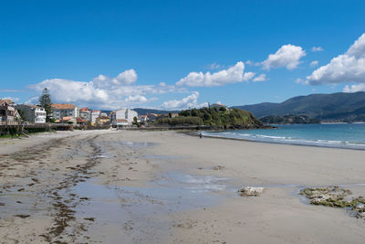 Scenic view of beach against blue sky