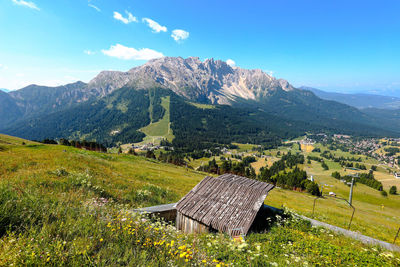 Scenic view of field by mountains against sky