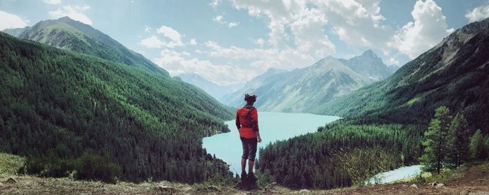 Rear view of man standing on mountain