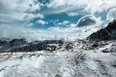 Scenic view of snow covered mountains against sky