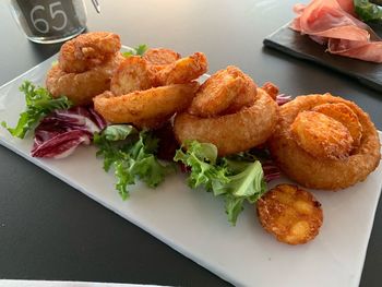 High angle view of food served on table