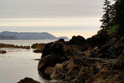 Rock formation on beach against sky