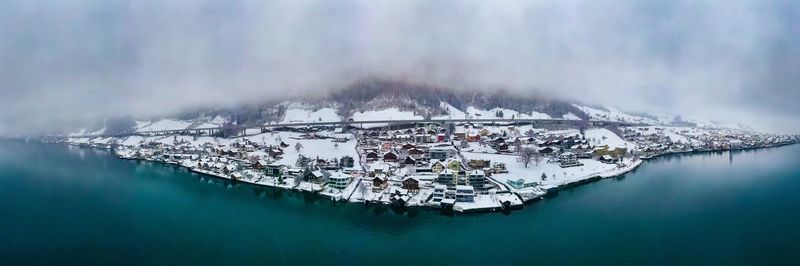 High angle view of ship in sea during winter