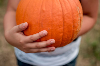 Cropped image of hand with orange pumpkin