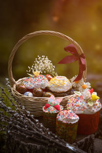 Close-up of cupcakes in basket