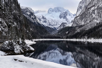 Scenic view of snowcapped mountains and lake during winter