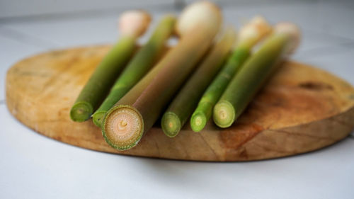 High angle view of vegetables in plate on table