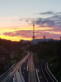 Railroad tracks against sky during sunset