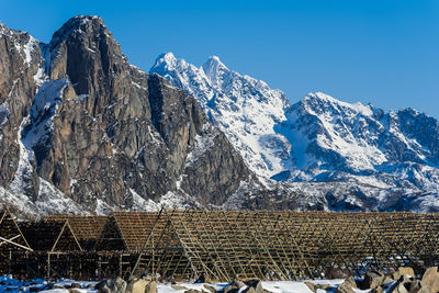 Scenic view of snowcapped mountains against clear sky