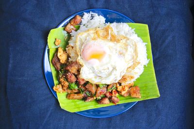 High angle view of breakfast served on table