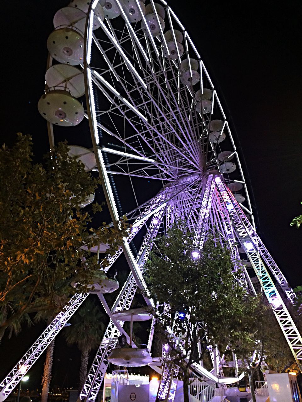 ferris wheel, amusement park, amusement park ride, arts culture and entertainment, low angle view, built structure, architecture, night, clear sky, metal, sky, illuminated, tree, building exterior, outdoors, large, travel destinations, city, big wheel, no people