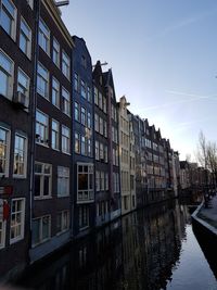 Canal by buildings against sky