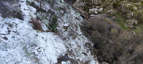 High angle view of stream flowing through rocks