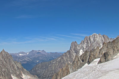 Scenic view of snowcapped mountains against blue sky