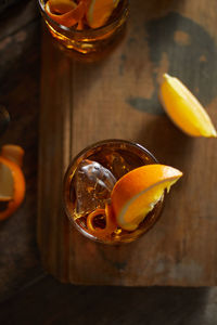 High angle view of drink on table