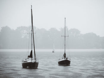 Sailboat sailing on sea against sky