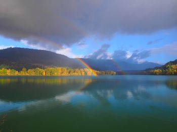 Scenic view of lake and mountains against cloudy sky