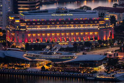 High angle view of illuminated buildings at night