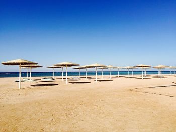 Parasols at empty beach against clear blue sky on sunny day