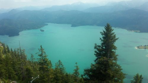 High angle view of lake and mountains