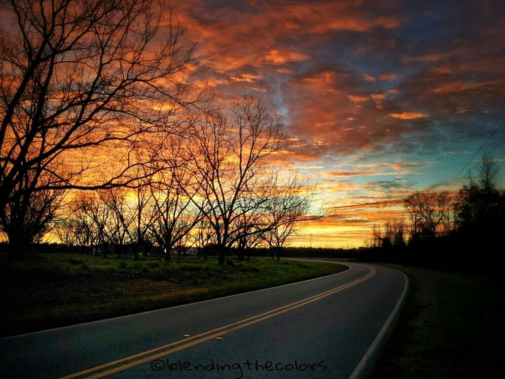 sunset, the way forward, road, transportation, tree, sky, bare tree, diminishing perspective, road marking, cloud - sky, country road, tranquil scene, tranquility, vanishing point, orange color, scenics, landscape, nature, beauty in nature, cloud