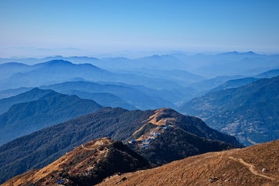 Aerial view of ridge in annapurna massif with mountain huts, nepal