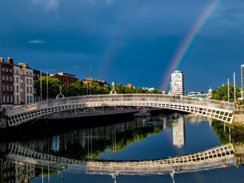 Bridge over river by buildings against blue sky