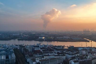 Aerial view of cityscape against sky during sunset