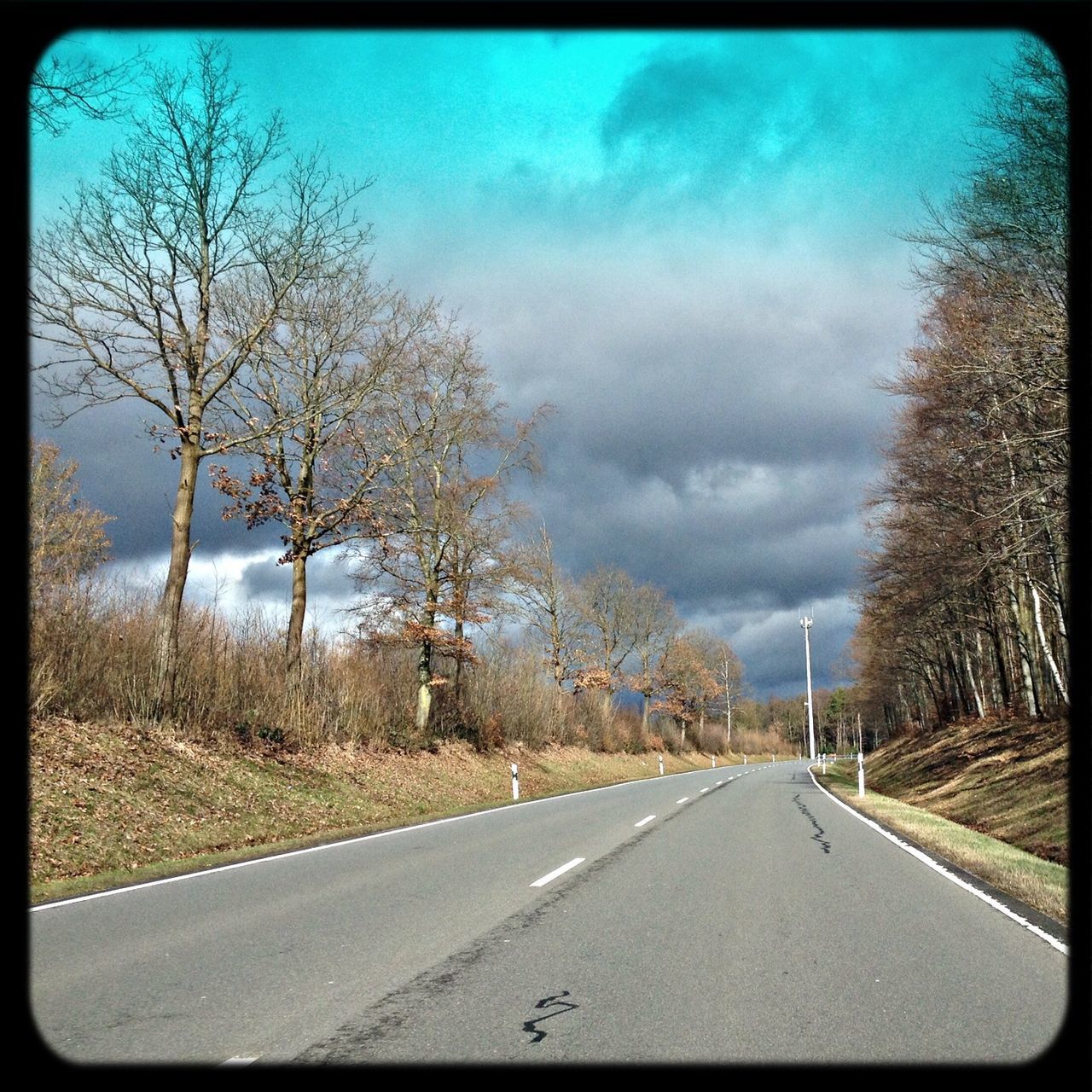 the way forward, road, transportation, diminishing perspective, road marking, transfer print, sky, vanishing point, country road, tree, auto post production filter, cloud - sky, empty road, empty, asphalt, cloud, bare tree, tranquility, cloudy, tranquil scene