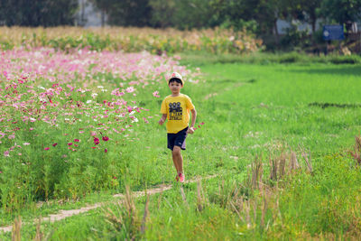 Asian children running in the middle of the meadow in the midst of nature surrounded by pink flowers