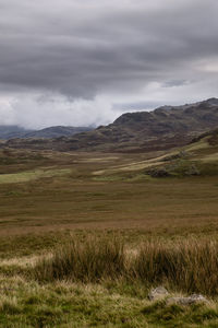 Scenic view of grassy field against cloudy sky