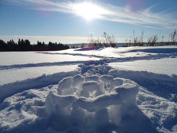 Scenic view of snow covered field against sky