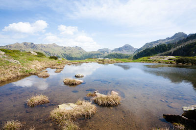 Scenic view of lake and mountains against sky