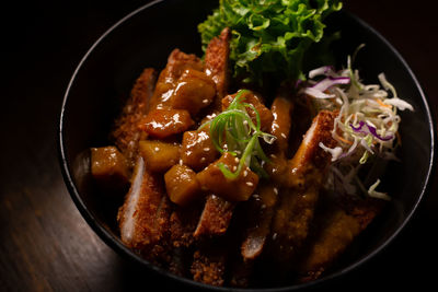 High angle view of food in bowl on table